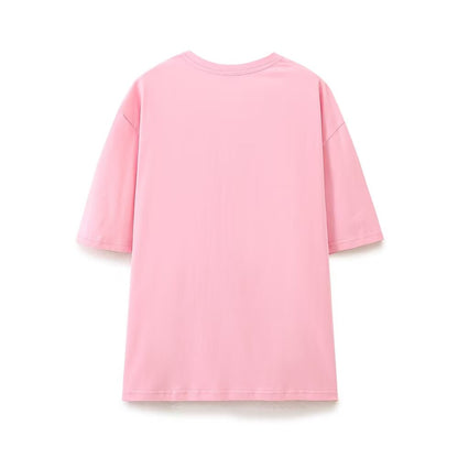 Summer Women Clothing Stylish Simple Pink Printed T shirt