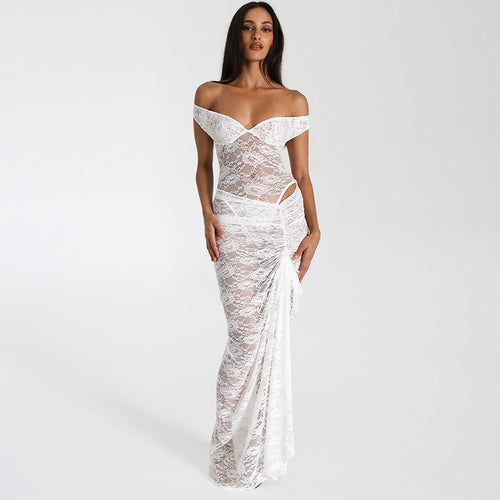 white Off Shoulder Two piece Lace Lux Set