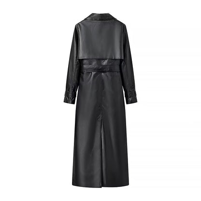 Leather Faux Leather Black Tie Trench Coat