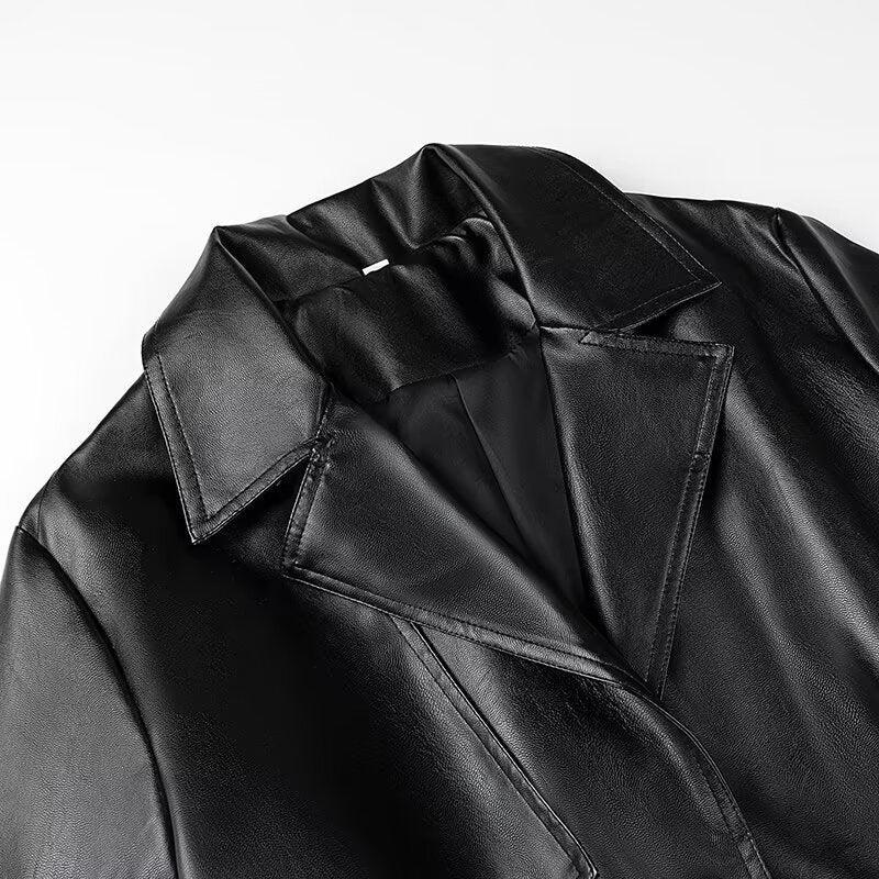 Leather Faux Leather Black Tie Trench Coat