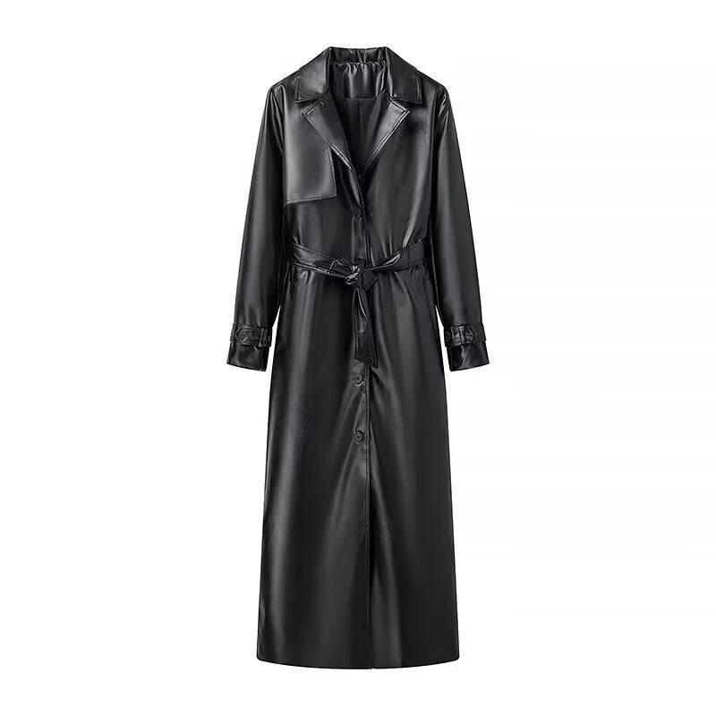 Leather Faux Leather Black Tie Trench Coat