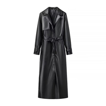 Leather Faux Leather Black Tie Trench Coat