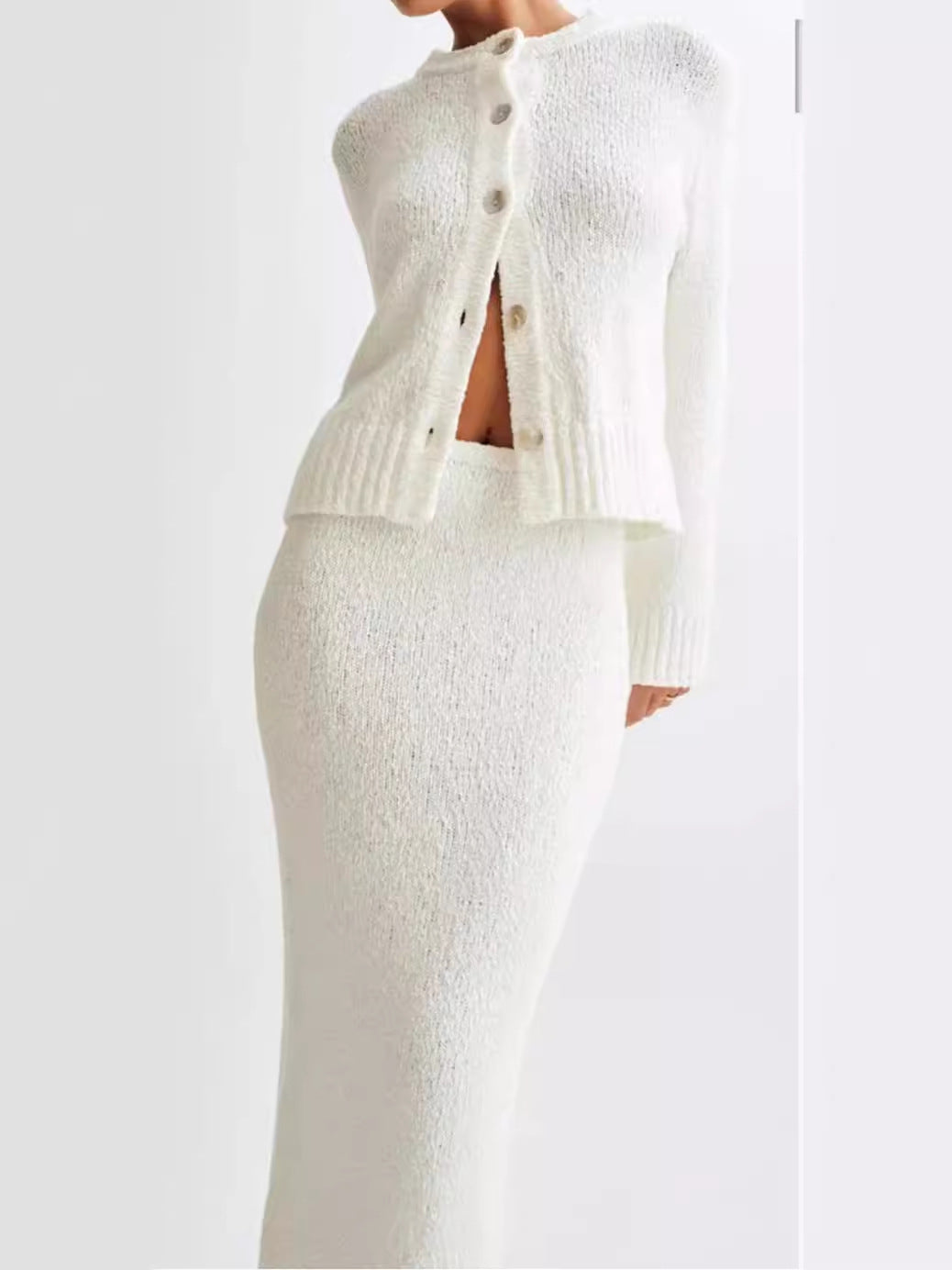 Elegant White  Knitted Slimming Skirt Suit