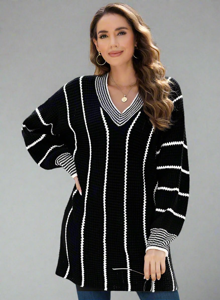 Knitted V Neck Striped Pullover Sweater