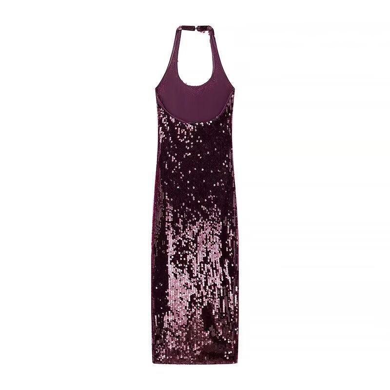 Simple Slim Fit Halter Sequined Dress
