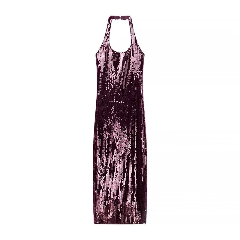 Simple Slim Fit Halter Sequined Dress