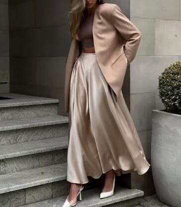 Collarless Blazer & Satin Skirt Set