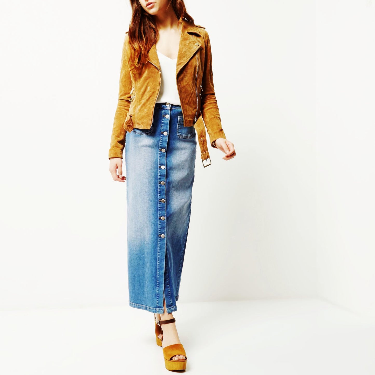 Button Long Denim Skirt