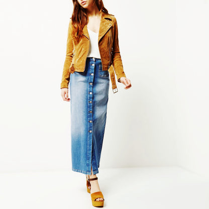 Button Long Denim Skirt