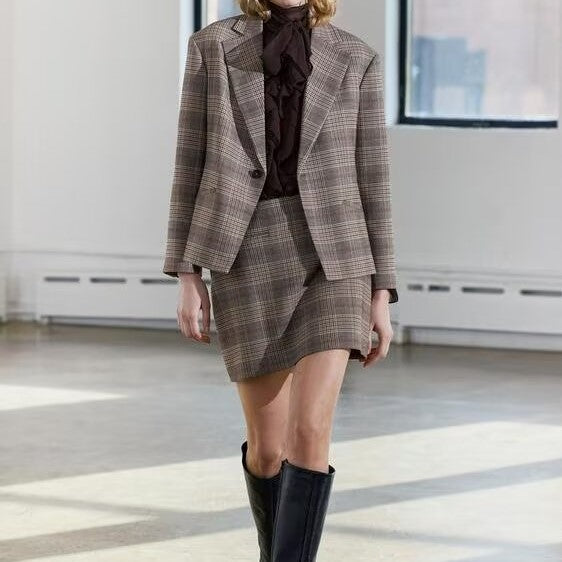 Collared Plaid Blazer Short Skirt Sets