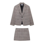 Collared Plaid Blazer Short Skirt Sets