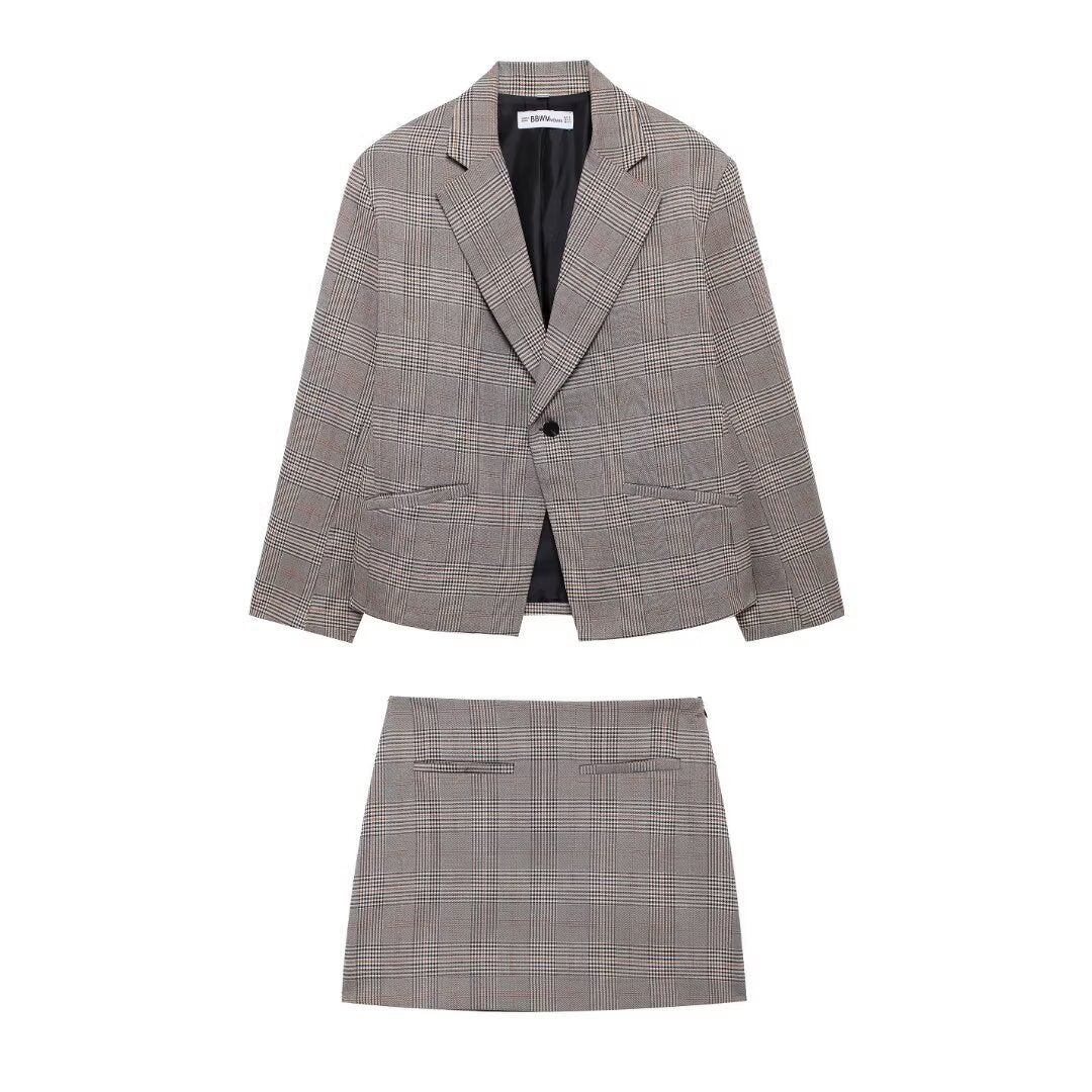 Collared Plaid Blazer Short Skirt Sets