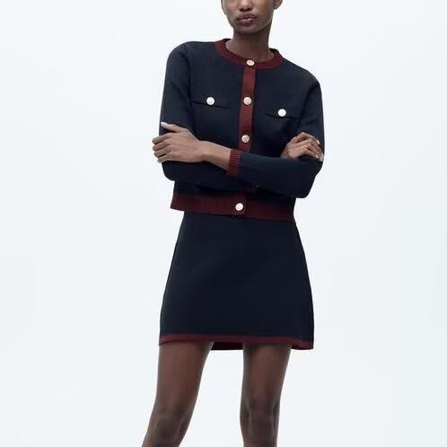 Knitted Golden Button Cardigan Coat & Skirt Sets