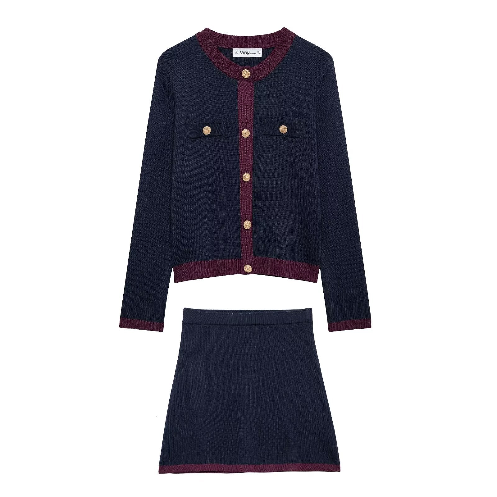 Knitted Golden Button Cardigan Coat & Skirt Sets