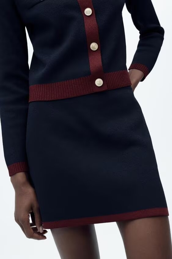 Knitted Golden Button Cardigan Coat & Skirt Sets