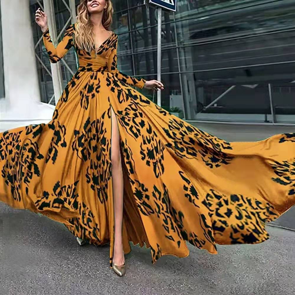 Split Leopard Print Slim Fit Sexy Deep V Plunge Dress