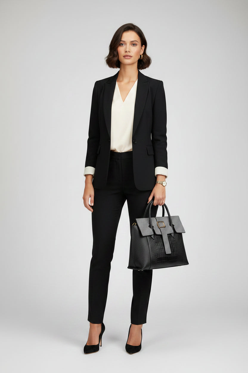 Black handbag with silver embellishments held by a person wearing a beige coat.