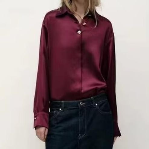 Metal Decorated Row Button Satin Blouse