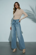 Waist Tied Straight Washed Wide Leg Jeans