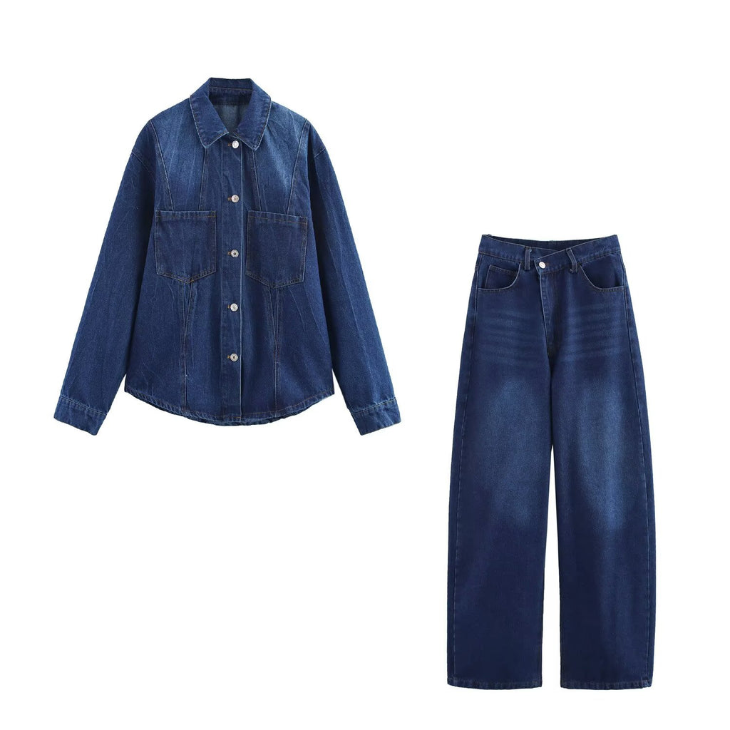 Casual Denim Shacket Pants Sets