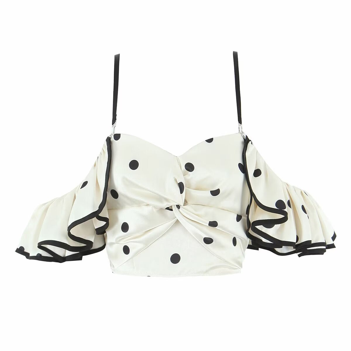 Spring Retro Black White Polka Dot Ruffled Spaghetti Straps Tube Top