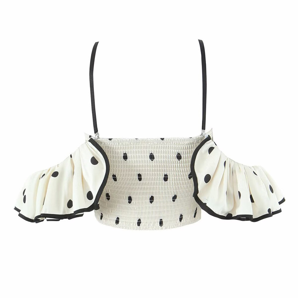 Retro Black White Polka Dot Ruffled Spaghetti Straps Crop Top