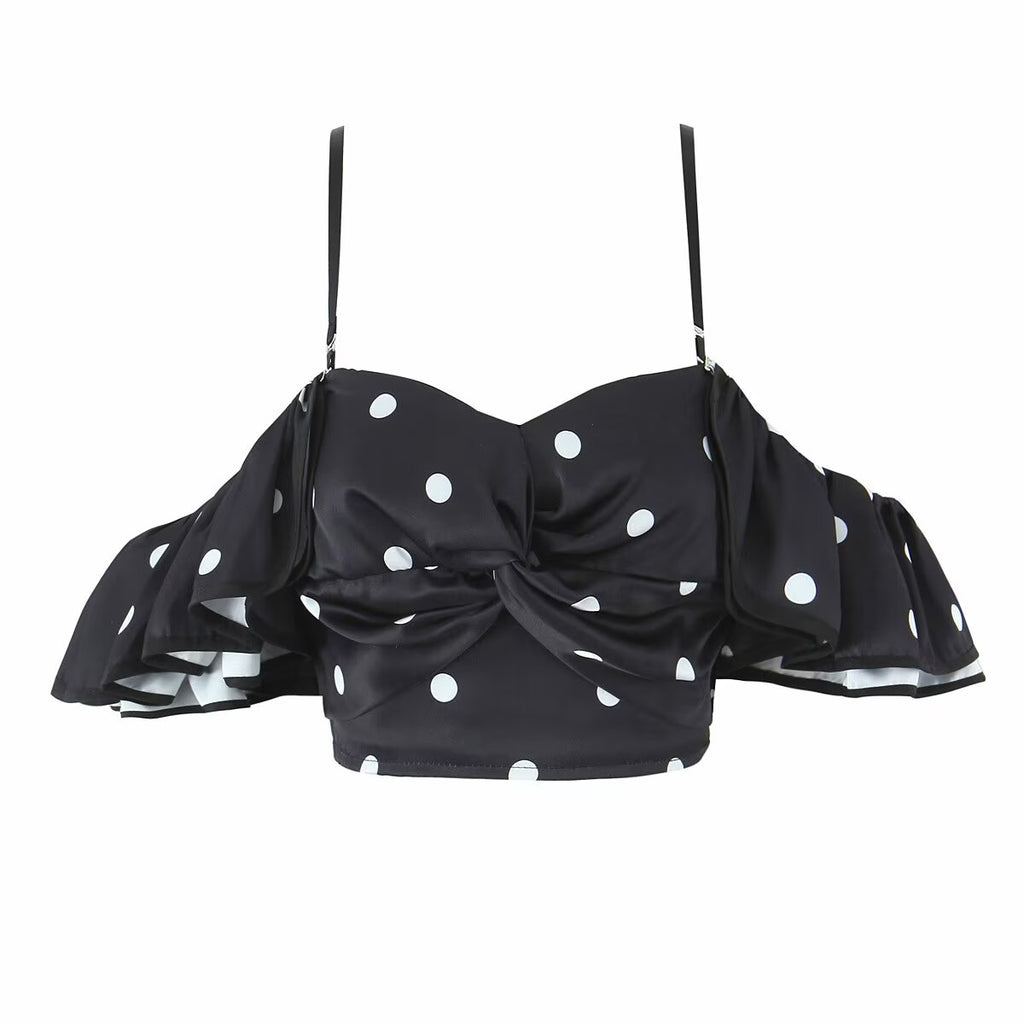 Spring Retro Black White Polka Dot Ruffled Spaghetti Straps Tube Top