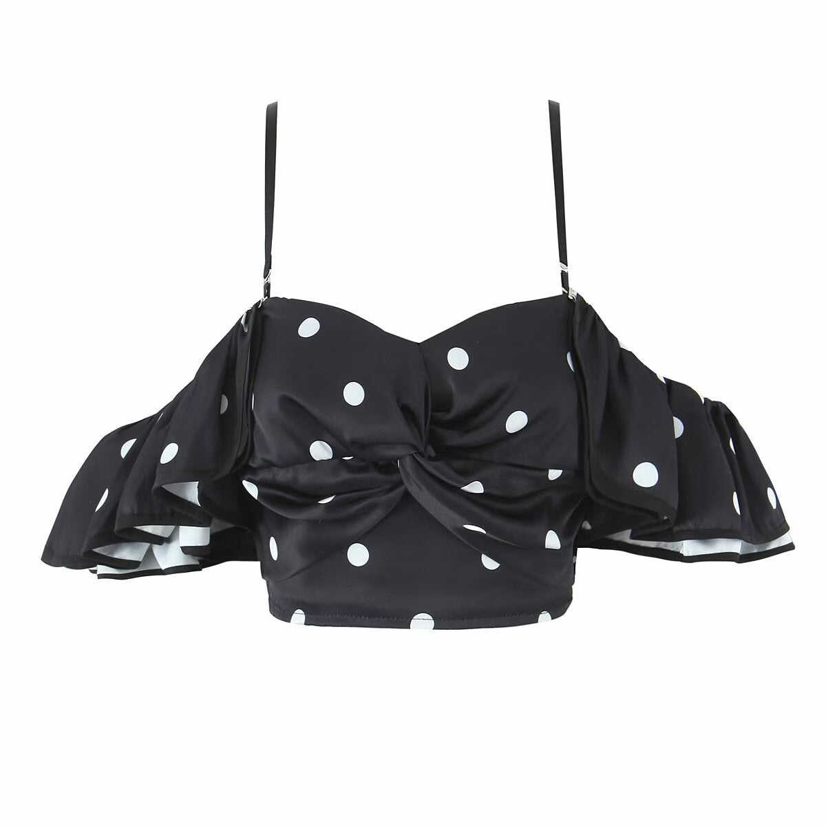 Spring Retro Black White Polka Dot Ruffled Spaghetti Straps Tube Top