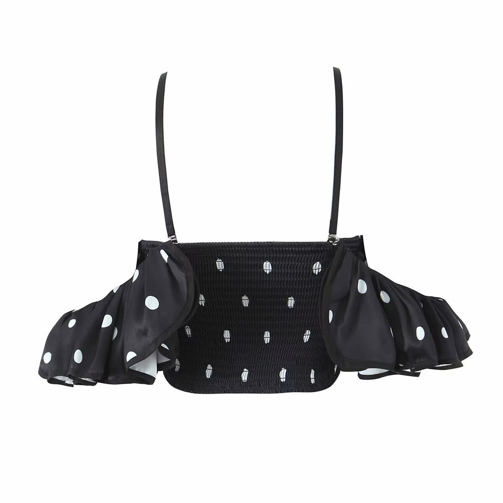 Retro Black White Polka Dot Ruffled Spaghetti Straps Crop Top