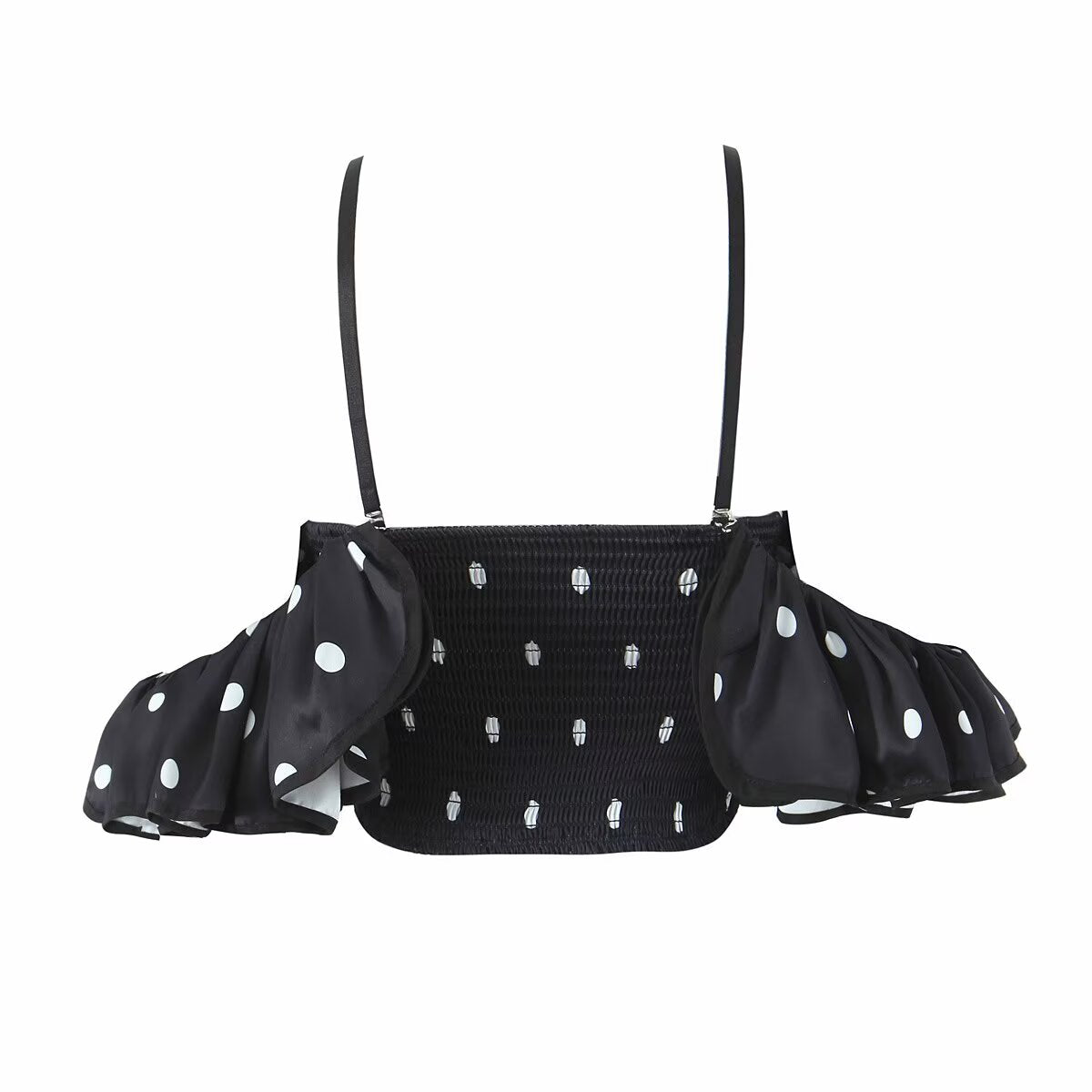 Spring Retro Black White Polka Dot Ruffled Spaghetti Straps Tube Top