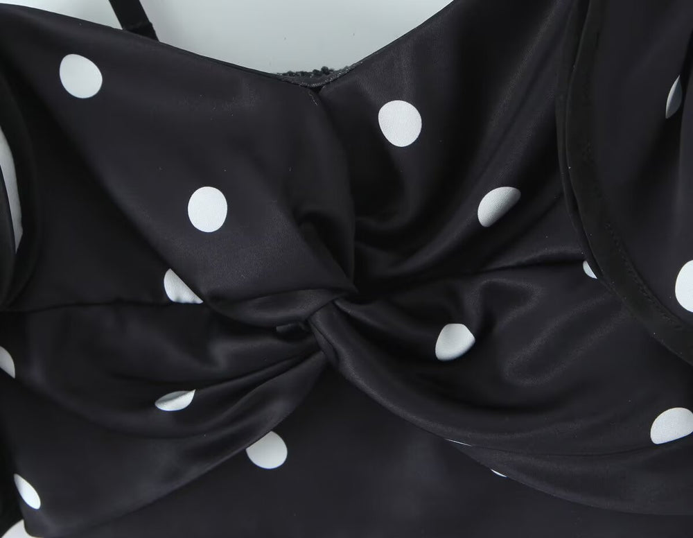 Retro Black White Polka Dot Ruffled Spaghetti Straps Crop Top