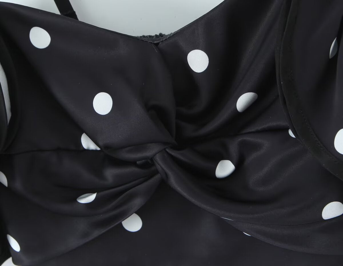 Spring Retro Black White Polka Dot Ruffled Spaghetti Straps Tube Top