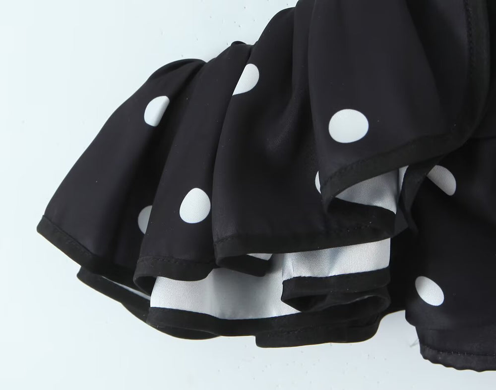 Retro Black White Polka Dot Ruffled Spaghetti Straps Crop Top