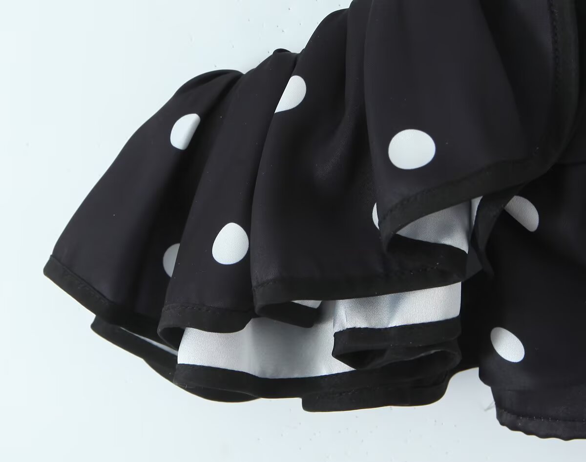 Spring Retro Black White Polka Dot Ruffled Spaghetti Straps Tube Top