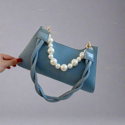 Pearl portable baguette Denim Handbag