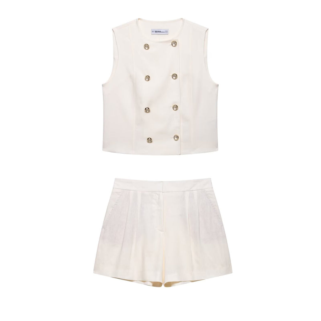Double-Breasted Button Vest & Shorts Two-Piece Set