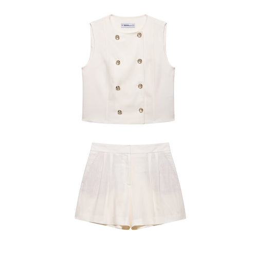 Double-Breasted Button Vest & Shorts Two-Piece Set