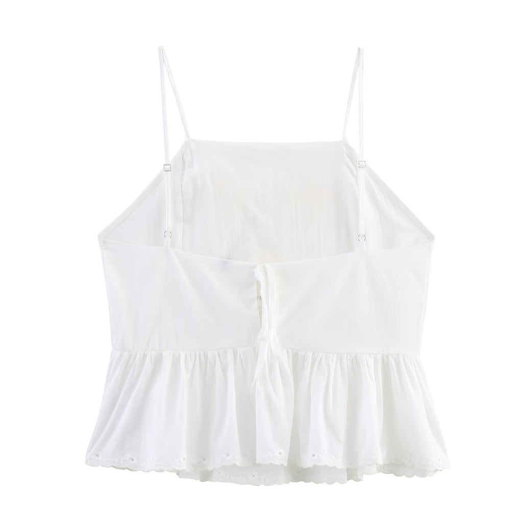 Simple Embroidery Short Pleated Hem Sling Top