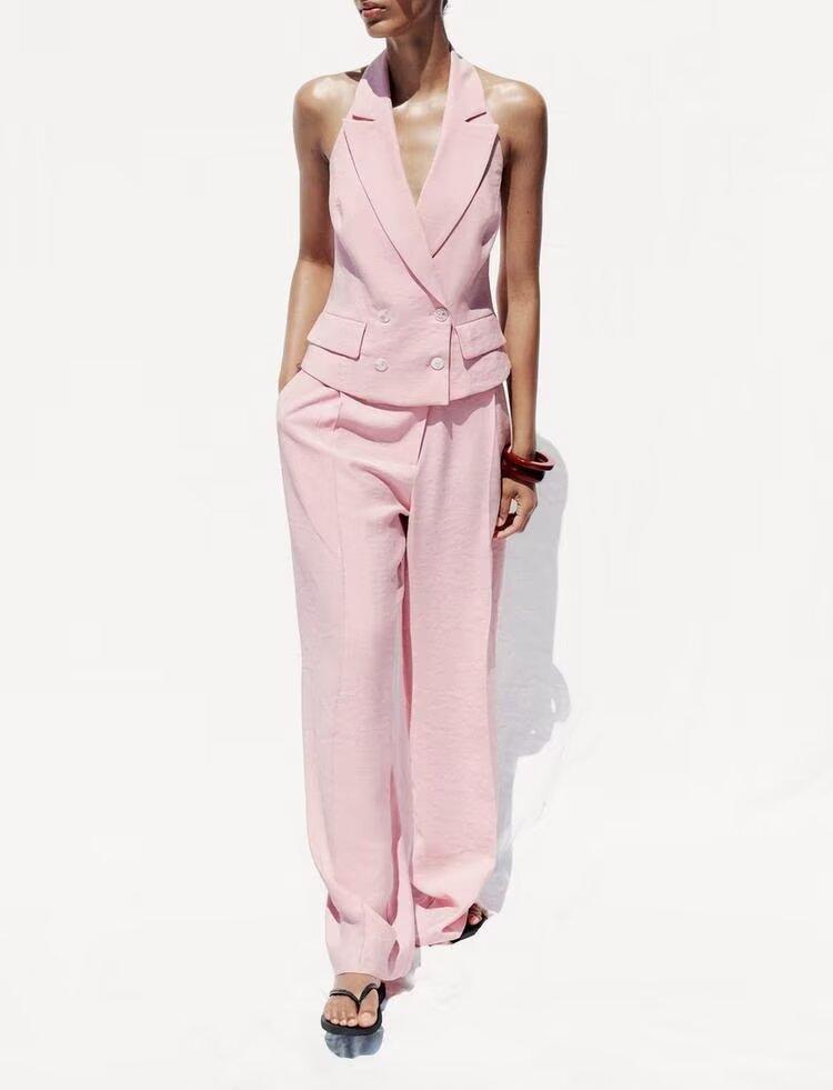 Pink Double Breasted Hanging Collar Vest