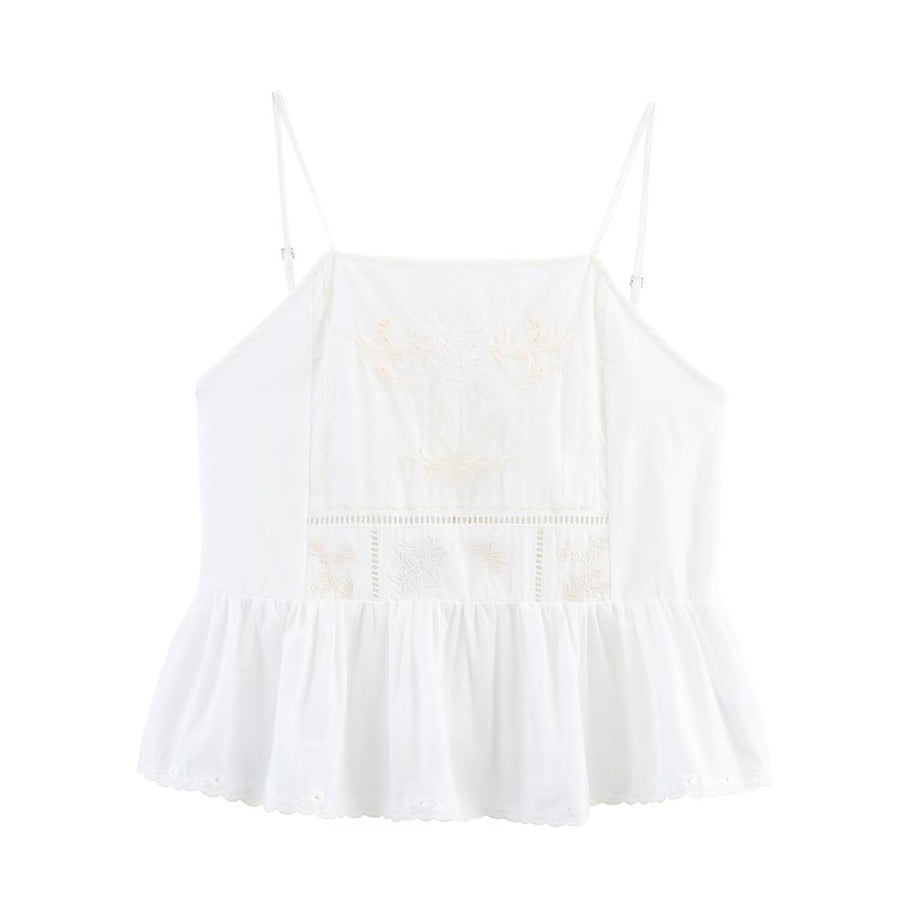 Simple Embroidery Short Pleated Hem Sling Top