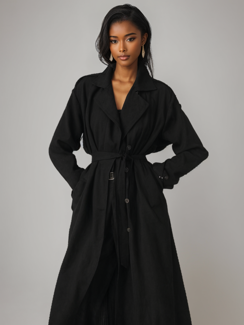 Classic Belt Collared Loose Double Breasted Trench Coat