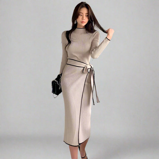 Temperament Slim Mid-length Trimming Sweater Dress