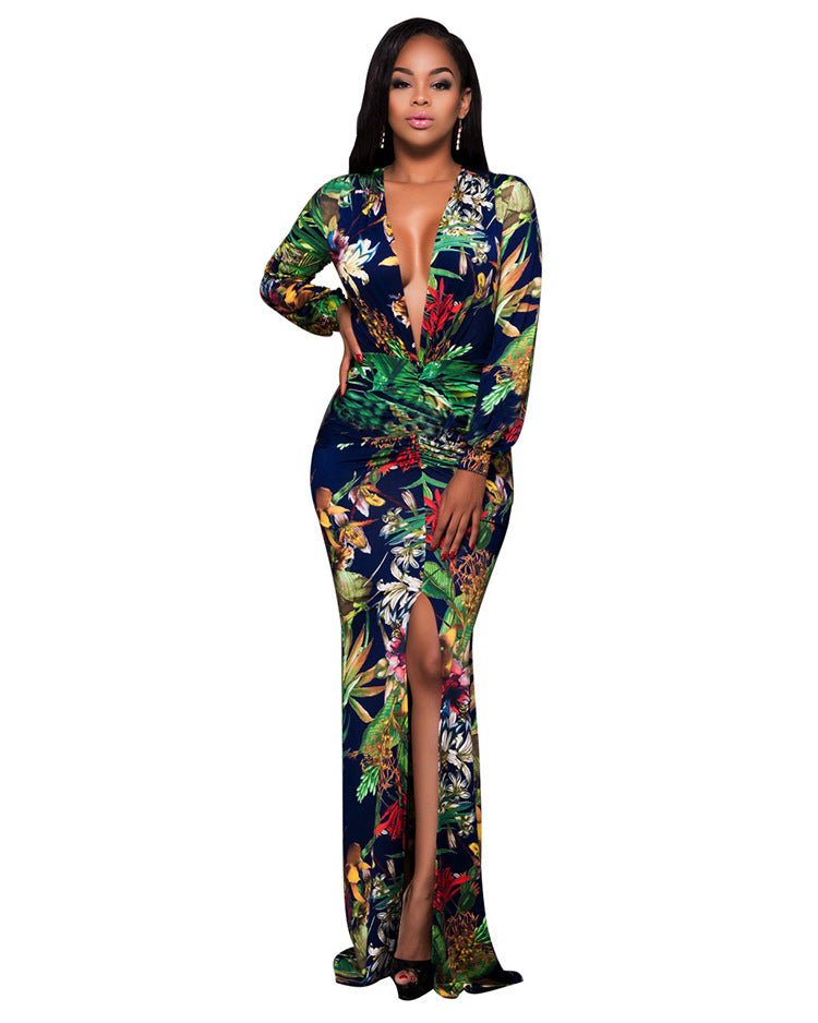 High Slit Printed Deep Plunge Long Sleeve Dress