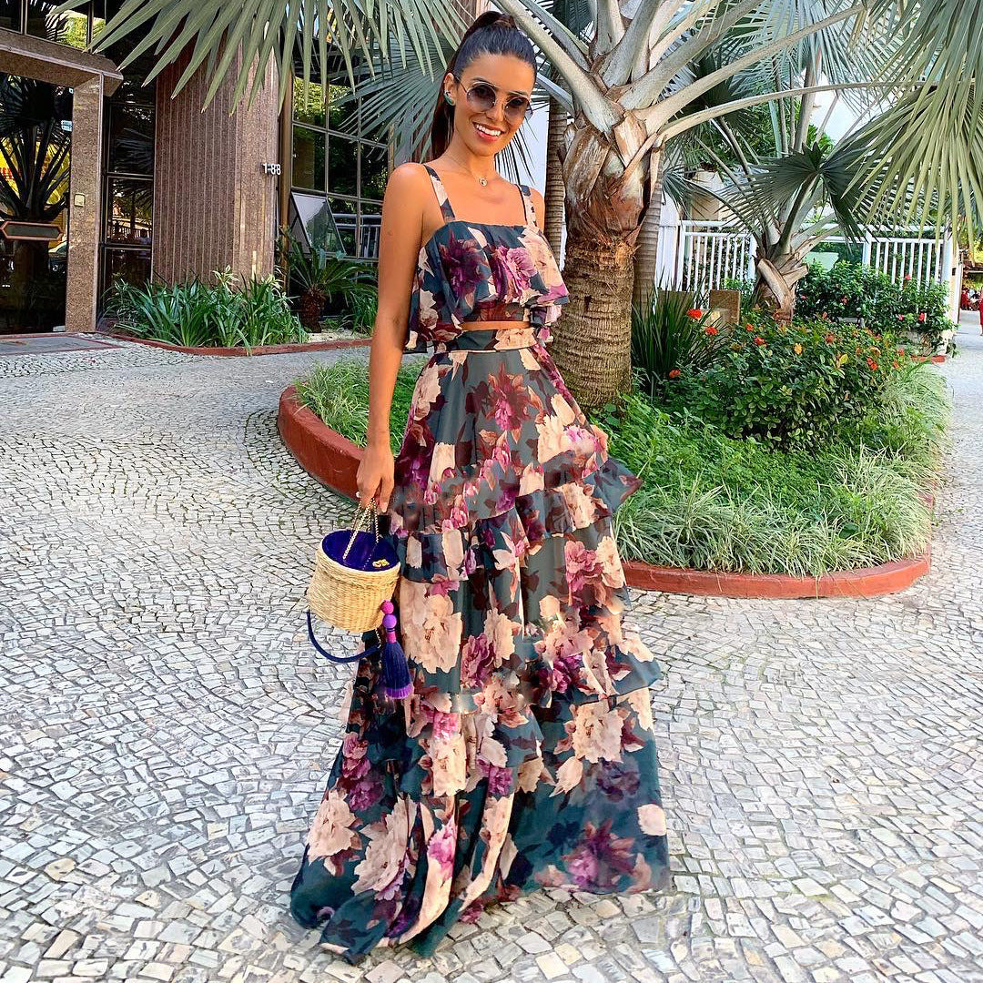 Two Piece Printed Ruffled Swing Skirt