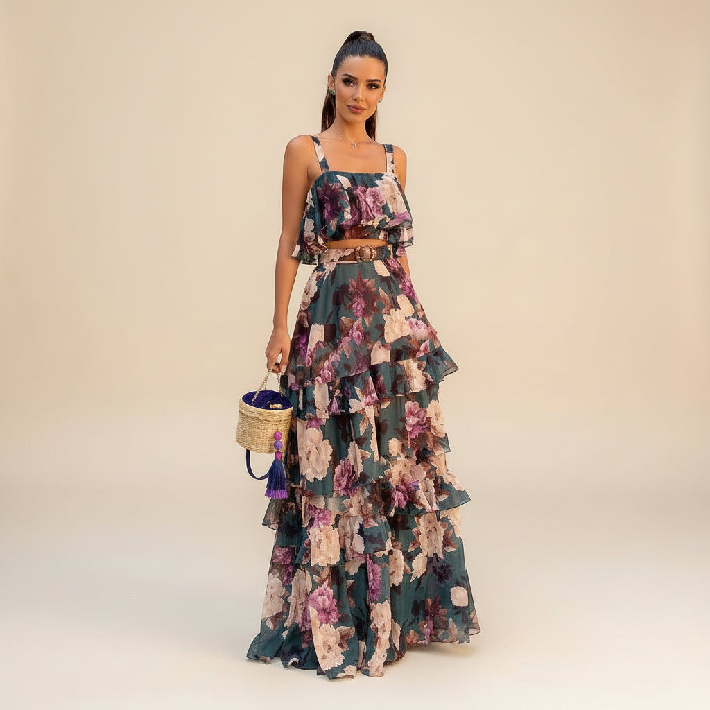 Petal Drift Floral Ruffle Two-Piece Midi Set