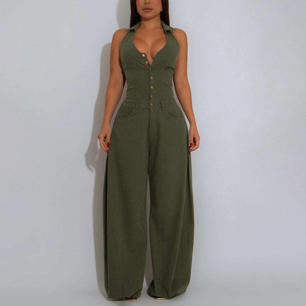 Pocket Sleeveless Backless Casual Jumpsuit