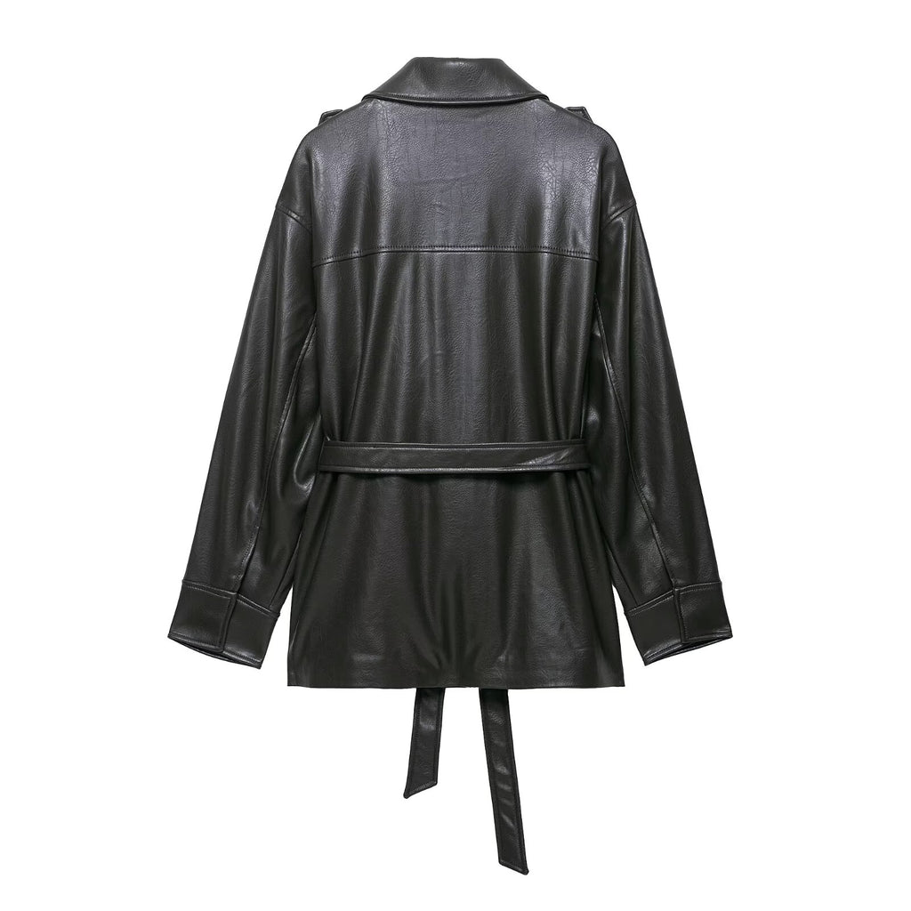Decoration Pocket Faux Leather Jacket