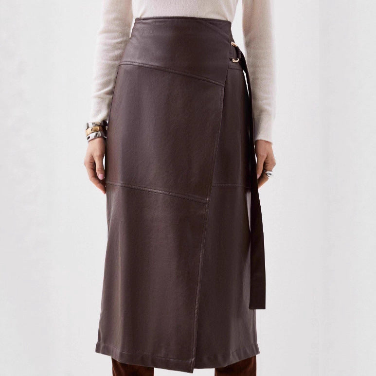 Faux Leather Asymmetric Slit Skirt