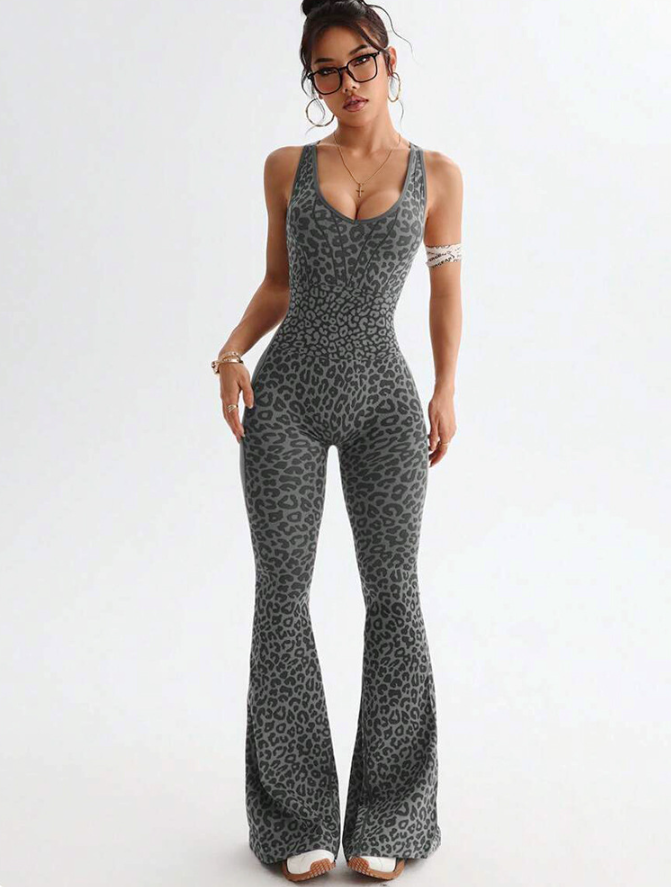 Leopard Print Cross Beauty Back Fitness Jumpsuit