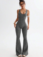 Leopard Print Cross Beauty Back Fitness Jumpsuit